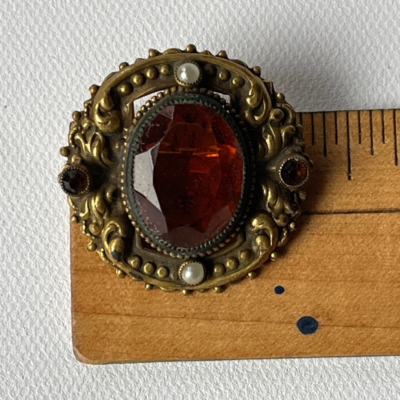 Vintage Etruscan Brooch Brass Natural Pearl Amber Glass Cabochon - Picture 5 of 8